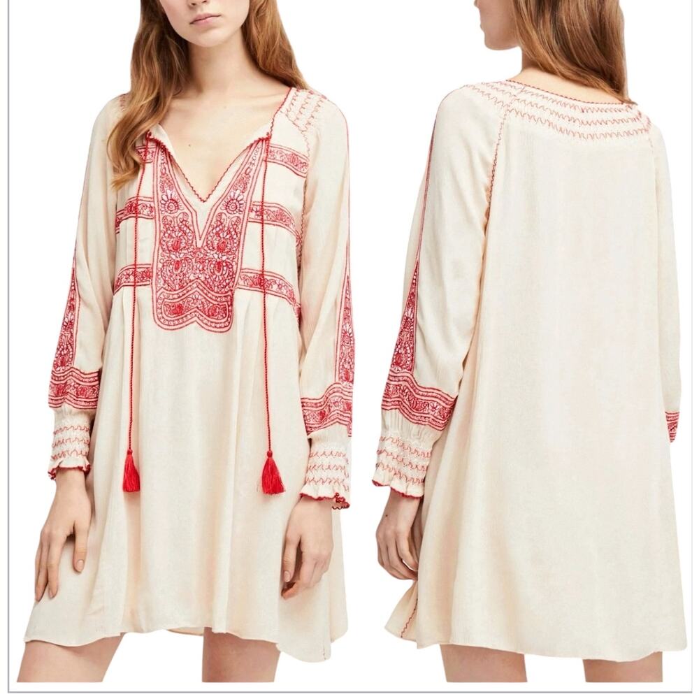 Free People Wind Willow Mini Peasant Dress Women’s XS Boho Embroidery Cream Red